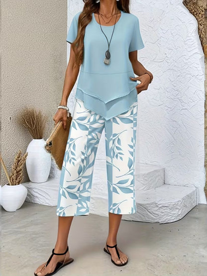 Kessoro women's leaf print top and trouser two-piece set in green, purple, red and sky blue