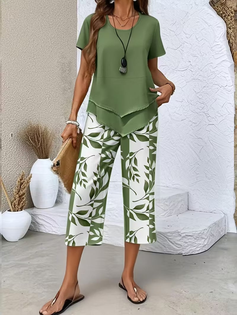 Kessoro women's leaf print top and trouser two-piece set in green, purple, red and sky blue