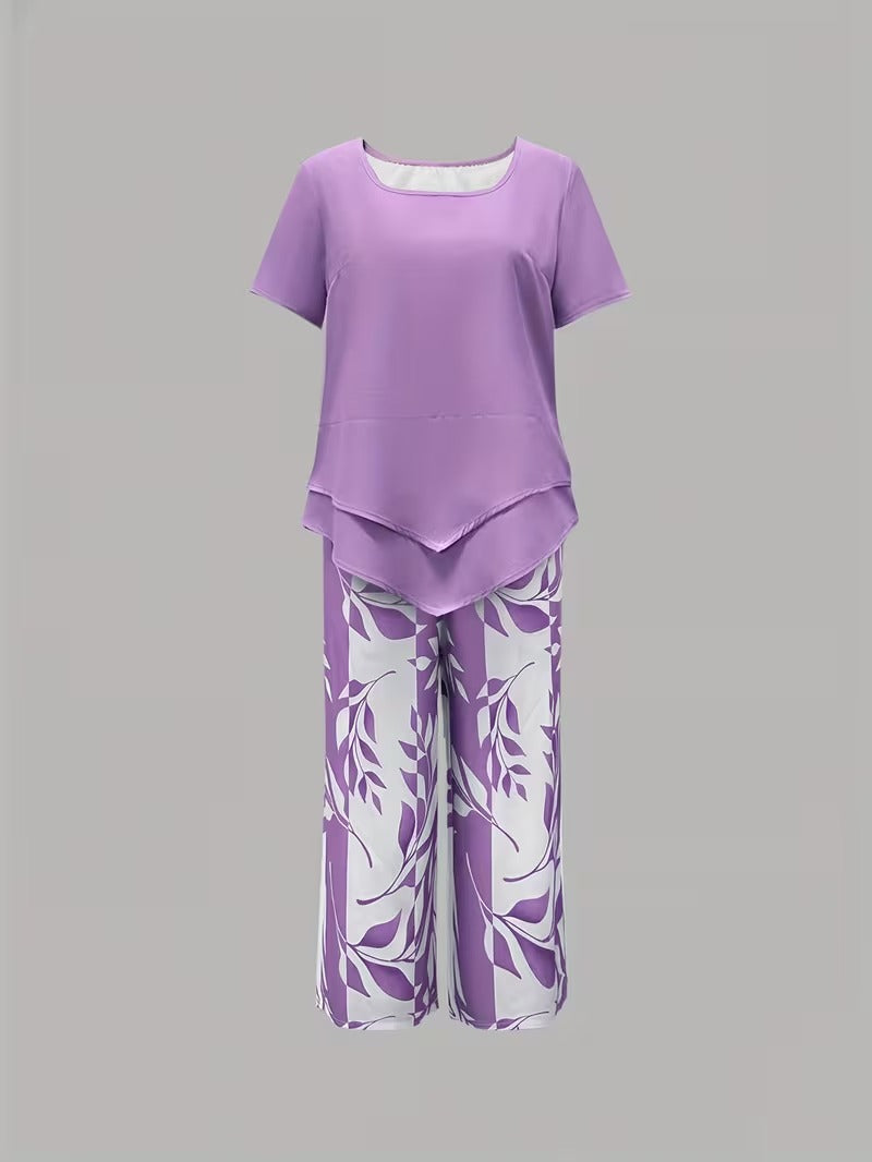 Kessoro women's leaf print top and trouser two-piece set in green, purple, red and sky blue