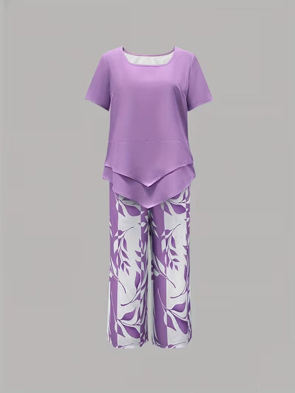 Kessoro women's leaf print top and trouser two-piece set in green, purple, red and sky blue