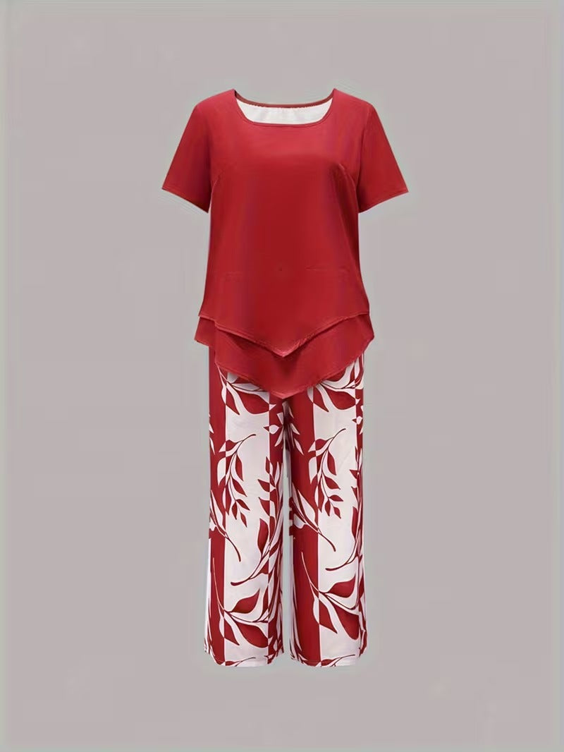 Kessoro women's leaf print top and trouser two-piece set in green, purple, red and sky blue