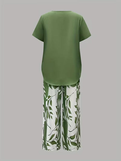 Kessoro women's leaf print top and trouser two-piece set in green, purple, red and sky blue