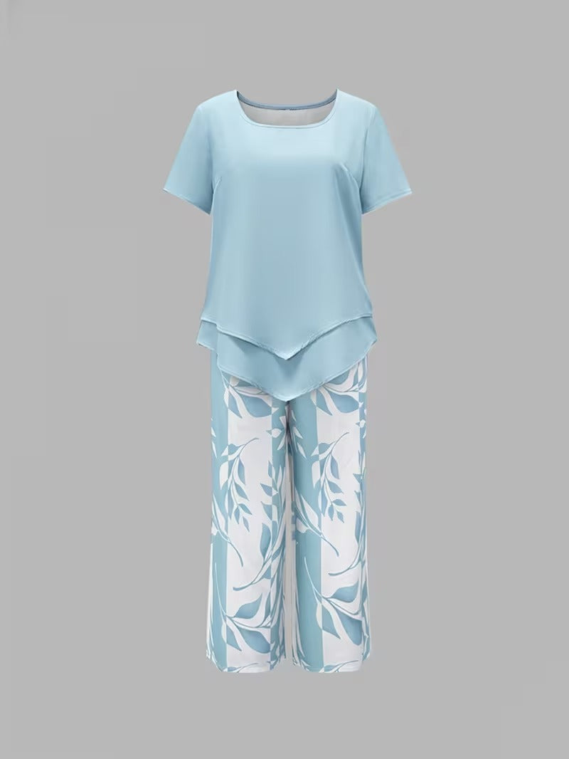 Kessoro women's leaf print top and trouser two-piece set in green, purple, red and sky blue