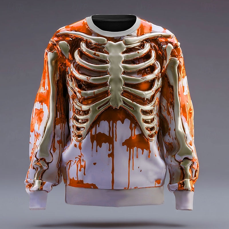 Kessoro Orange Halloween skeleton print crew neck sweatshirt for men and women