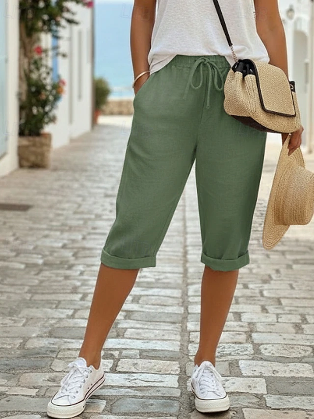 Kessoro Women's relaxed drawstring knee-length capri pants in orange, dark gray, green and more, view 6