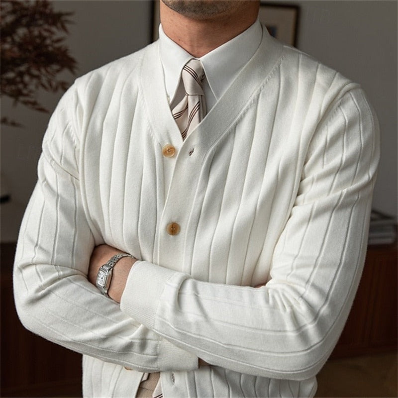 Kessoro men's ribbed V-neck button-front cardigan in blue, black and white - view 4