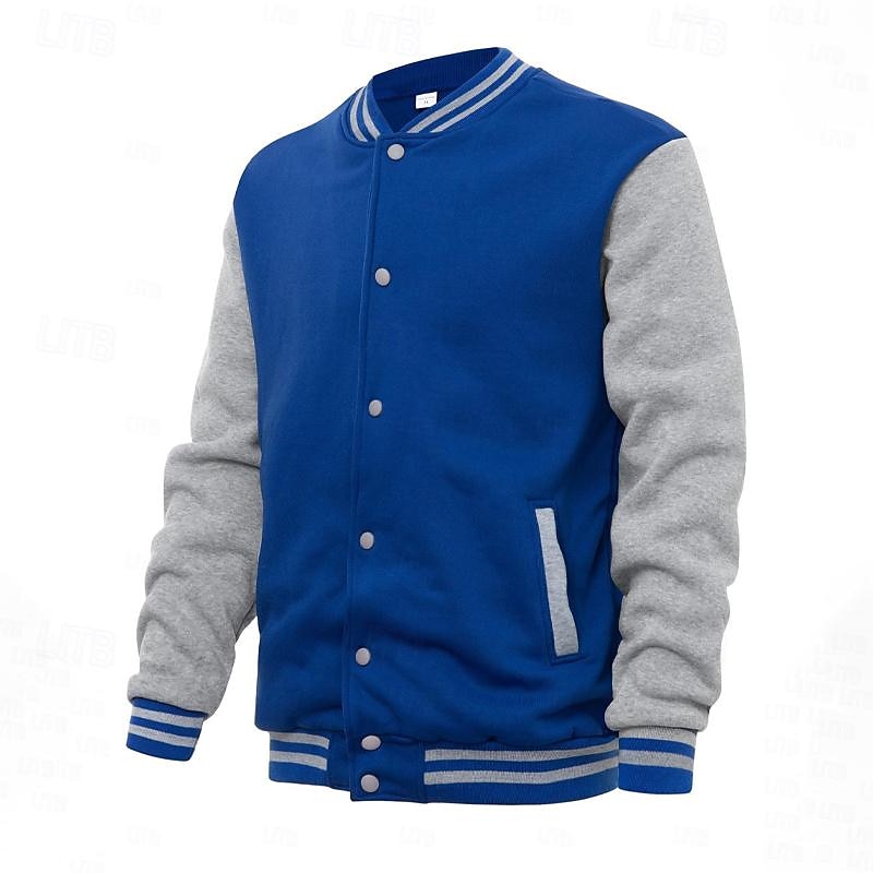 Kessoro men's classic ribbed-trim varsity jacket in light grey, royal blue, black and navy blue – image 10 of 12