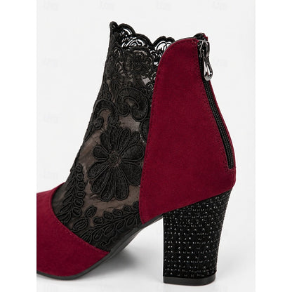 Kessoro women's floral lace block-heel ankle boots in wine, black and yellow