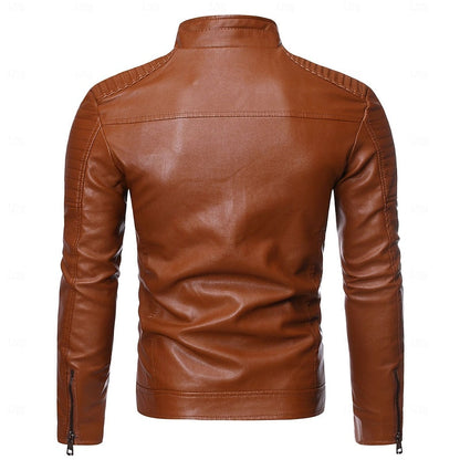 Kessoro men's classic stand-collar biker jacket in yellow, coffee and black – image 3 of 7