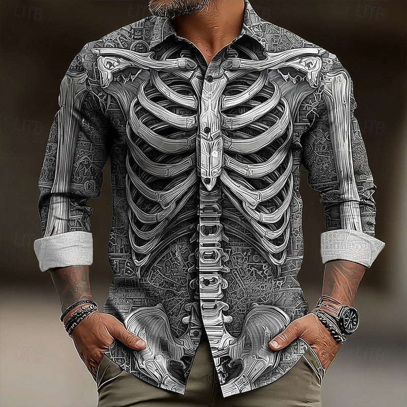 Kessoro Gray Halloween skeleton print long-sleeve button-up shirt for men