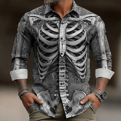 Kessoro Gray Halloween skeleton print long-sleeve button-up shirt for men