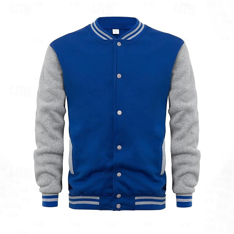 Kessoro men's classic ribbed-trim varsity jacket in light grey, royal blue, black and navy blue – image 9 of 12