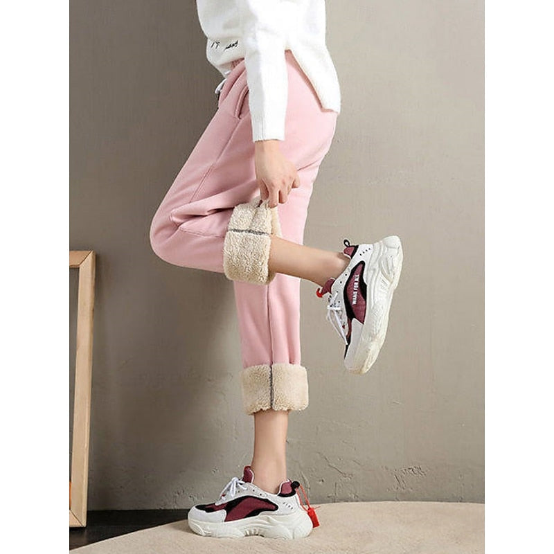Kessoro women's high-waist fleece-lined drawstring joggers in pink, grey, black or yellow