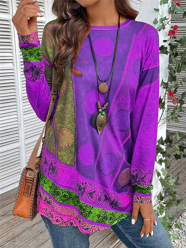 Kessoro Women's vintage print long-sleeve crew neck tunic top in red, purple and green, view 2