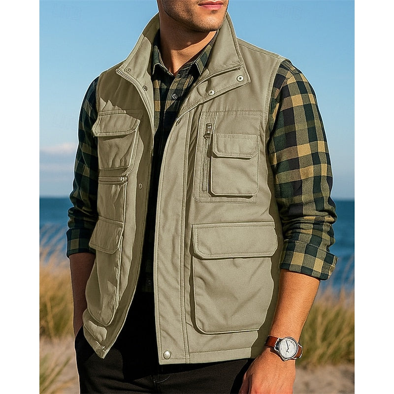 Kessoro men's rugged multi-pocket utility vest in black, army green, khaki and navy, view 5