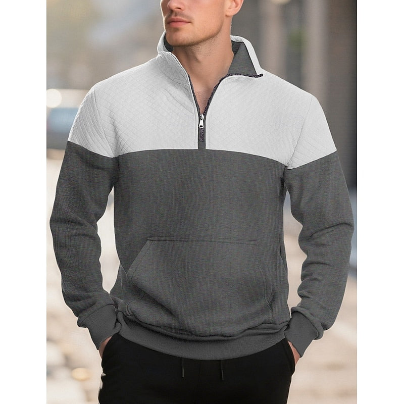 Kessoro men's textured quarter-zip color block sweatshirt in grey, army green, navy and khaki