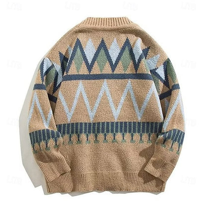 Kessoro geometric pattern V-neck button cardigan for men in Khaki, view 8