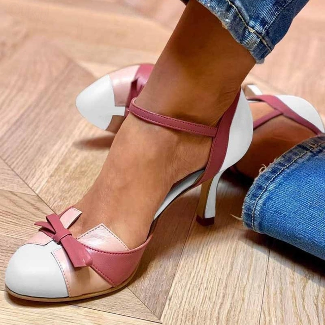 Kessoro women's bow accent ankle strap heeled sandals in blue, white and pink