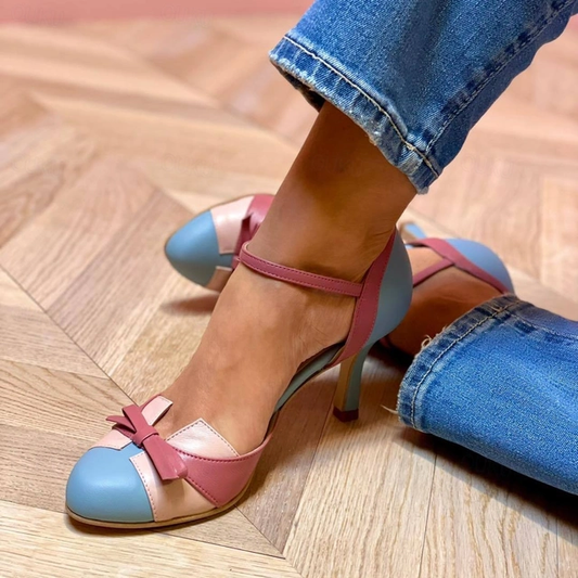 Kessoro women's bow accent ankle strap heeled sandals in blue, white and pink