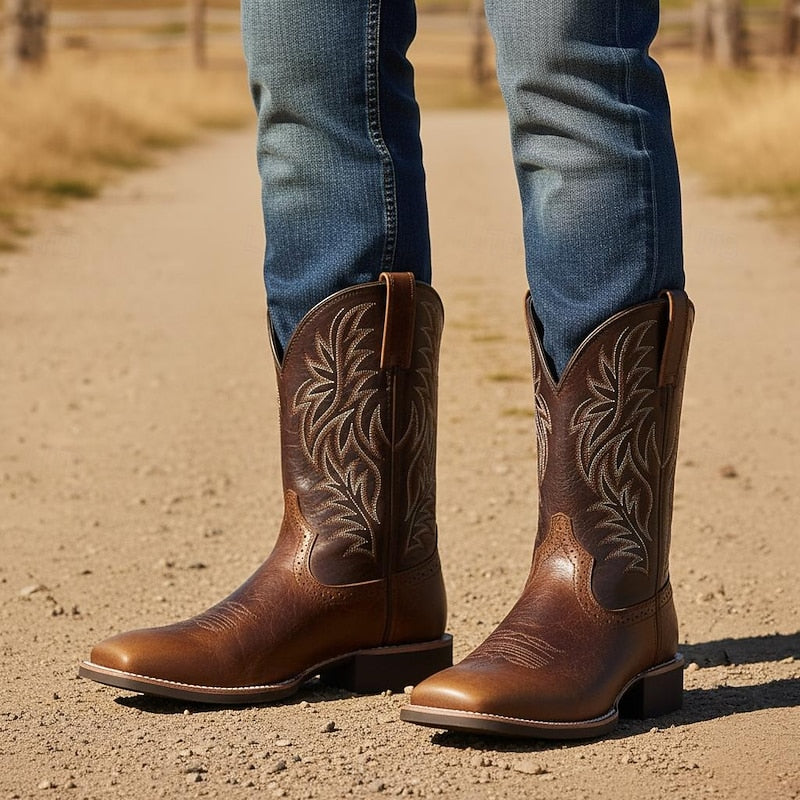 Kessoro men's embroidered western cowboy boots in brown or black, view 1 of 10
