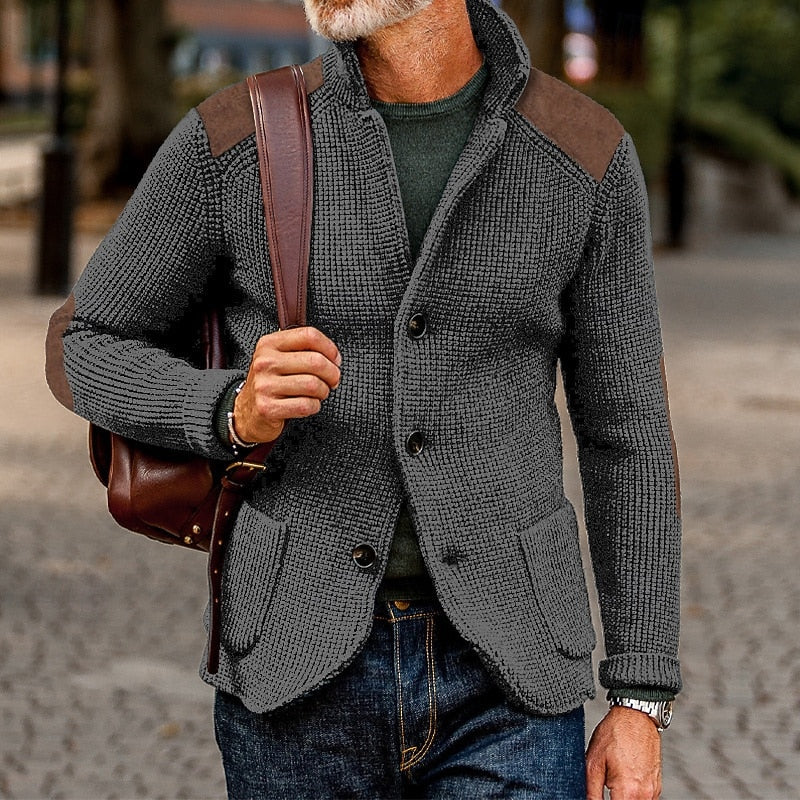 Kessoro textured knit stand-collar button cardigan for men in Navy Blue, view 5