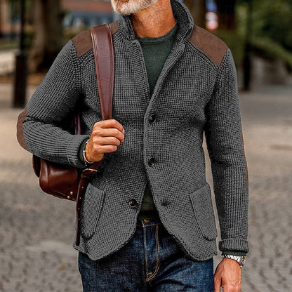 Kessoro textured knit stand-collar button cardigan for men in Navy Blue, view 5