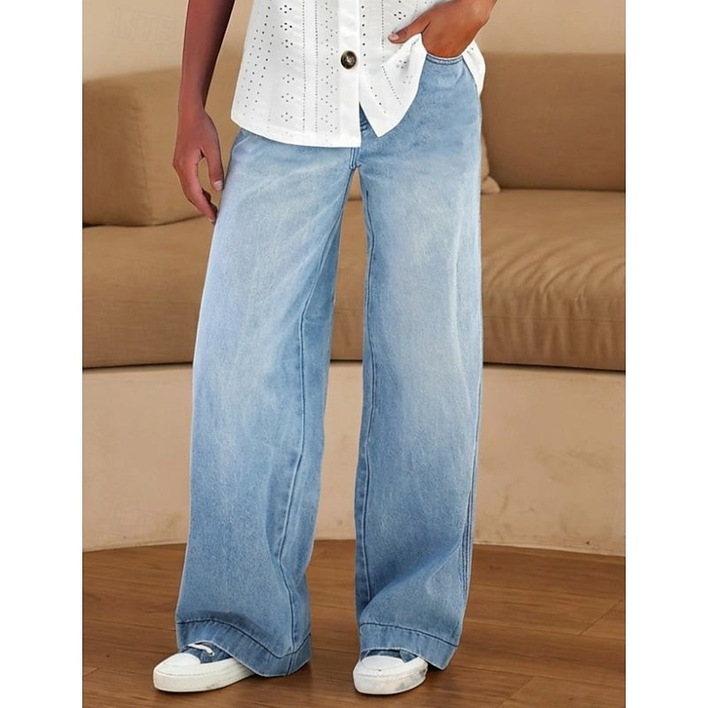 Kessoro women's high-waisted relaxed wide-leg jeans in classic blue denim washes