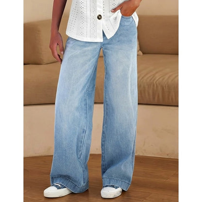 Kessoro women's high-waisted relaxed wide-leg jeans in classic blue denim washes