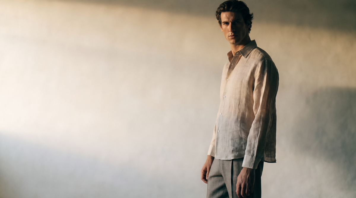 Man in a beige linen shirt and stone trousers against a warm plaster wall in morning light — Kessoro menswear