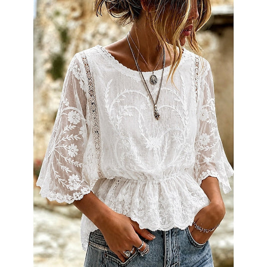 Women's floral-embroidered peplum blouse in white, grey, pink, blue and khaki, front view