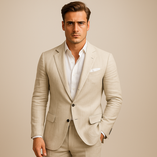 Kessoro Men's Lightweight Linen-Blend Tailored Blazer in beige, white and sage green — front view