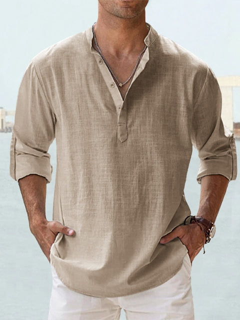 Men's breathable tailored button-up shirt in a neutral and pastel colour range, shown for menswear styling