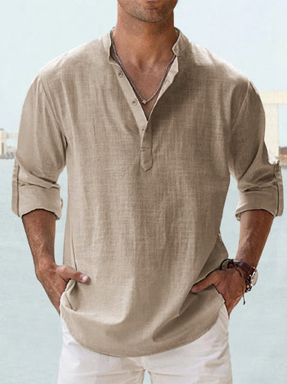 Men's breathable tailored button-up shirt in a neutral and pastel colour range, shown for menswear styling