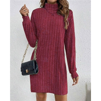 Kessoro women's ribbed roll-neck relaxed knit dress with a soft ribbed texture