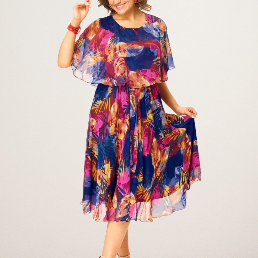 Women's A-line midi dress with a cape-style bodice, round neck and short sleeves