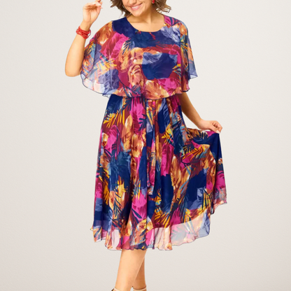 Women's A-line midi dress with a cape-style bodice, round neck and short sleeves