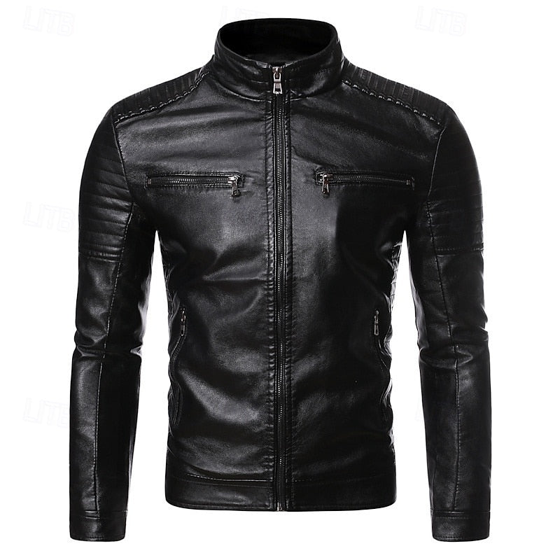 Kessoro men's classic stand-collar biker jacket in yellow, coffee and black – image 7 of 7