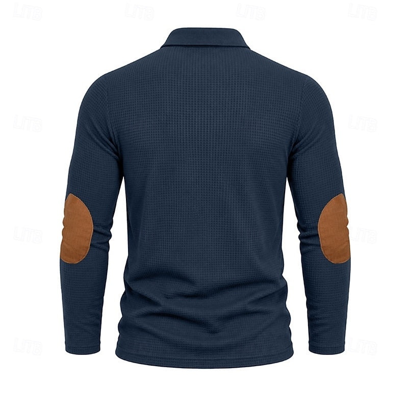 Kessoro men's textured colour-block long-sleeve polo shirt in blue, green, grey and burgundy tones, view 4