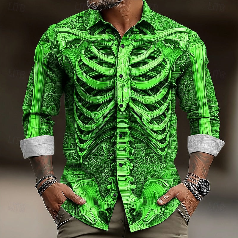 Kessoro Green Halloween skeleton print long-sleeve button-up shirt for men
