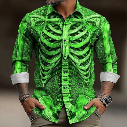 Kessoro Green Halloween skeleton print long-sleeve button-up shirt for men