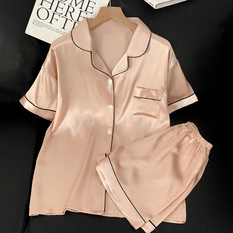Kessoro women's button-front top and shorts two-piece lounge set in black and champagne - view 2