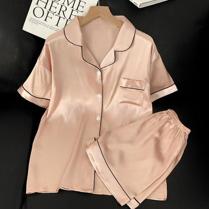 Kessoro women's button-front top and shorts two-piece lounge set in black and champagne - view 2