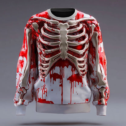 Kessoro Red Halloween skeleton print crew neck sweatshirt for men and women