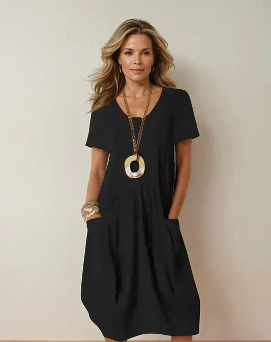 Women's cotton A-line casual midi dress with pockets in black, orange, green or beige