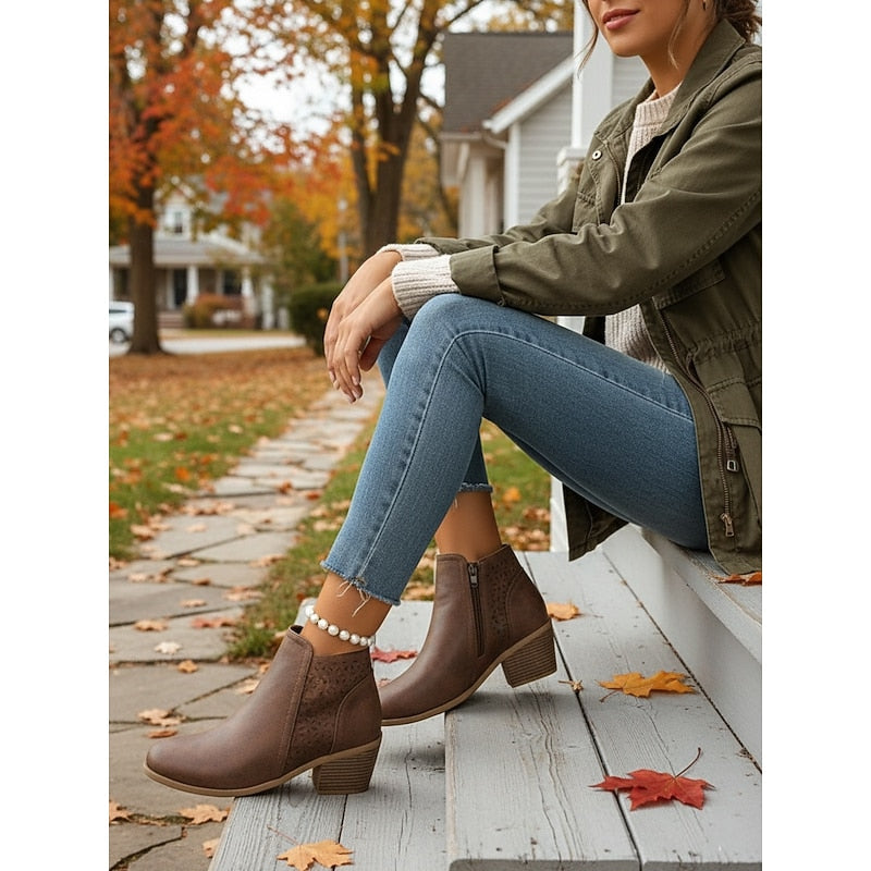 Kessoro women's cutout side-zip low block heel ankle boots in brown, khaki, black and blue - view 7
