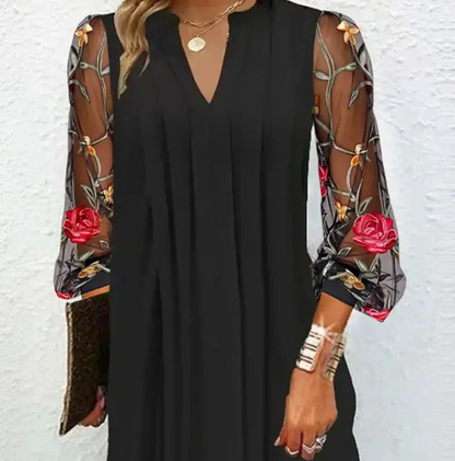 Kessoro women's embroidered floral sleeve V-neck dress in a black colorway - women's dresses