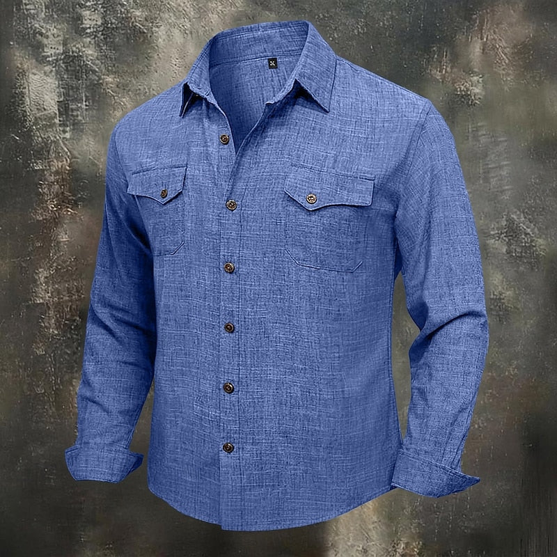 Kessoro men's relaxed-fit flap-pocket utility shirt in blue, grey, beige and pink tones, view 6