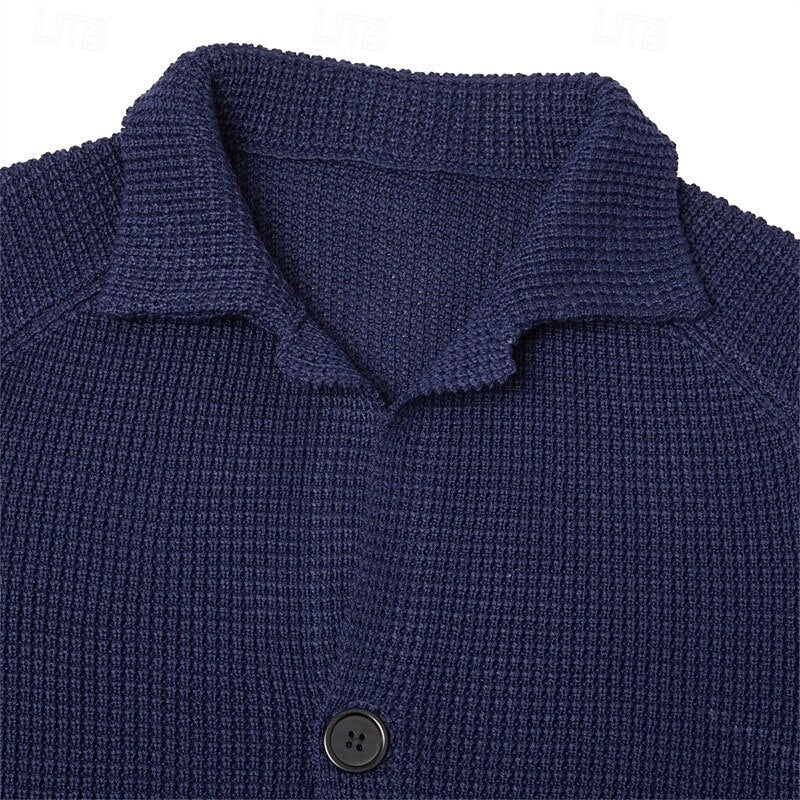 Kessoro men's waffle-knit stand-collar button cardigan in blue, navy or red brown