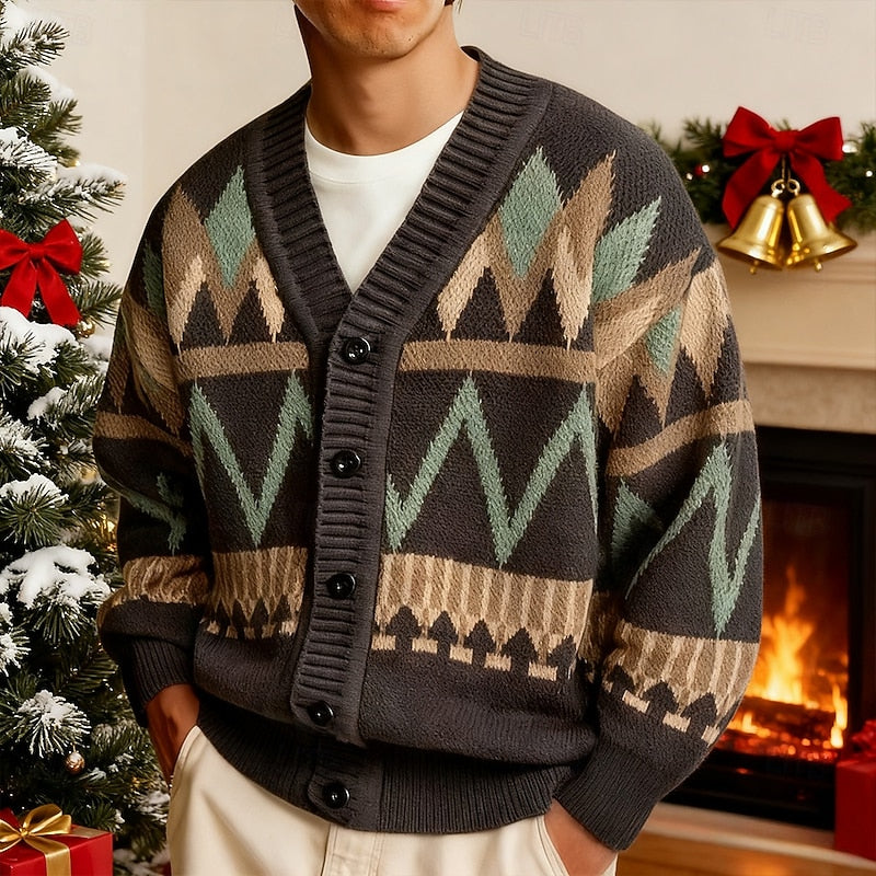 Kessoro geometric pattern V-neck button cardigan for men in Khaki, view 2