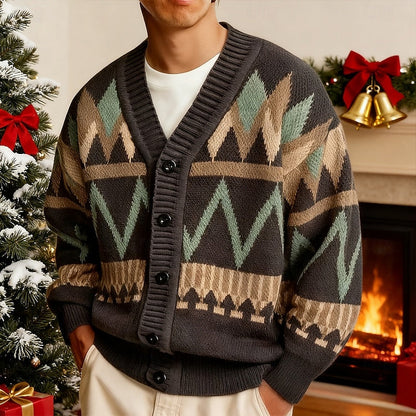 Kessoro geometric pattern V-neck button cardigan for men in Khaki, view 2